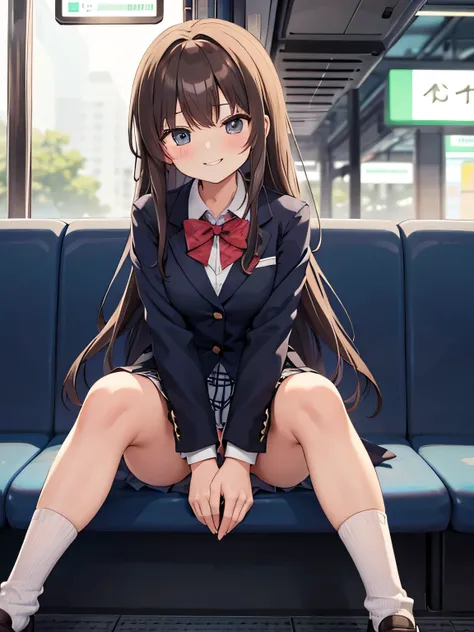 (1) A woman is sitting alone on a long seat on a train. She spread her legs、I show my white panties to my boyfriend who is facing me..
(2) She is a high school girl, She is wearing a uniform consisting of a miniskirt, blazer, and loose socks..
(3) she has ...