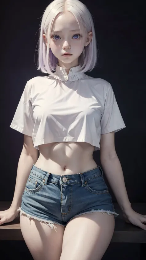  very albino girl, 12 years old, extremely beautiful, the most beautiful in the whole world, ultra big eyes, ultra purple irises, ultra full lips, straight hair, ultra short hair, ((ultra thin waist)), ultra flat stomach, ultra micro breasts, ultra wide hi...