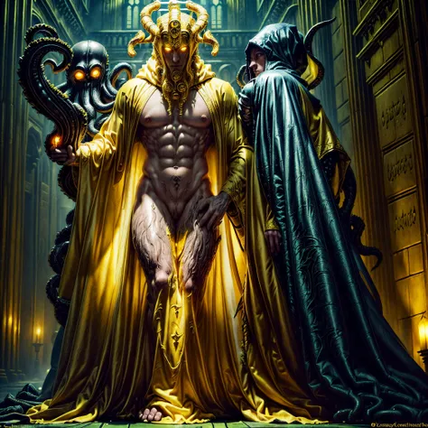 A Deity called (((Hastur The King in Yellow from Lovecraftian Lore))), entangled with (((Nude Woman that has blonde hair, athletic slim body, blue eyes, and detailed attractive face))), posing like ((Monster try to subdue and kill Nude Woman)), lifting the...