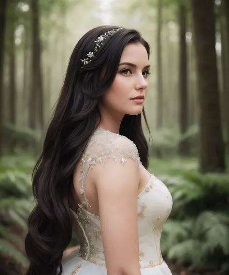 (Photorealistic:1.2), (8K), (Masterpiece), Dark epic portrait of Snow White, long raven locks flowing in ethereal breeze, haunting pale complexion, midnight ballgown with intricate embroidery hugging curves, powerful stance in mystic moonlit forest, magic ...