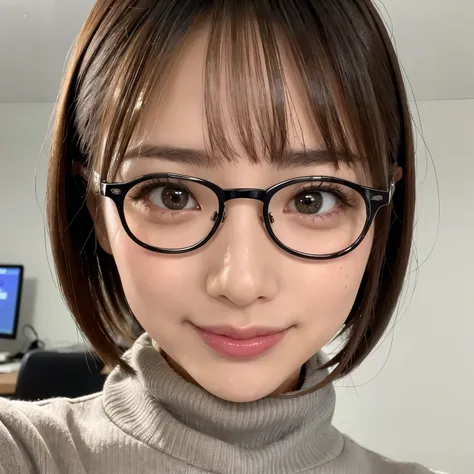 (highest quality、table top、8k、best image quality、ultra high resolution、Award-winning work)、one beautiful woman、alone、(Classy glasses:1.1)、accurate anatomy、(close up of face:1.2)、black long turtleneck knit sweater、Perfect black turtleneck long knit sweater、...