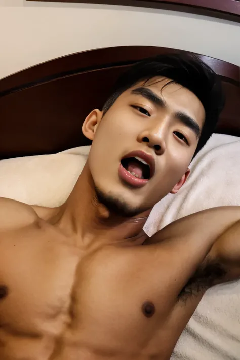 Ultra photorealistic, 20 year old, handsome model, Korean man, nude, on top of the bed, penis, Top view, expression of ecstasy/orgasmic, cumshot, cum on chest and face