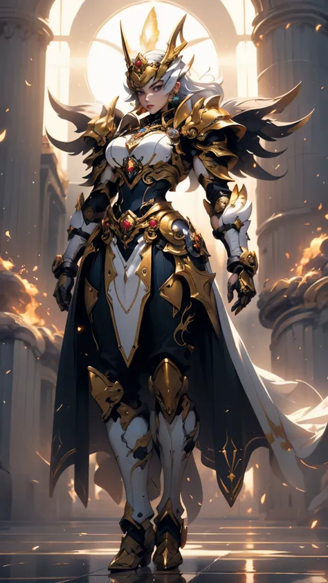 a woman adorned in fantasy-style full-body armor, a crown-concept fully enclosed helmet that unveils only her eyes, a composite ...