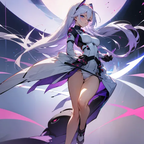 futuristic battle medic, nurse, beautiful body, sexy, beautiful face, sexy pose, anime, white hair, purple red and blue eyes, worried, long hair, silver hair, full body, panties, futuristic skirt, good breasts