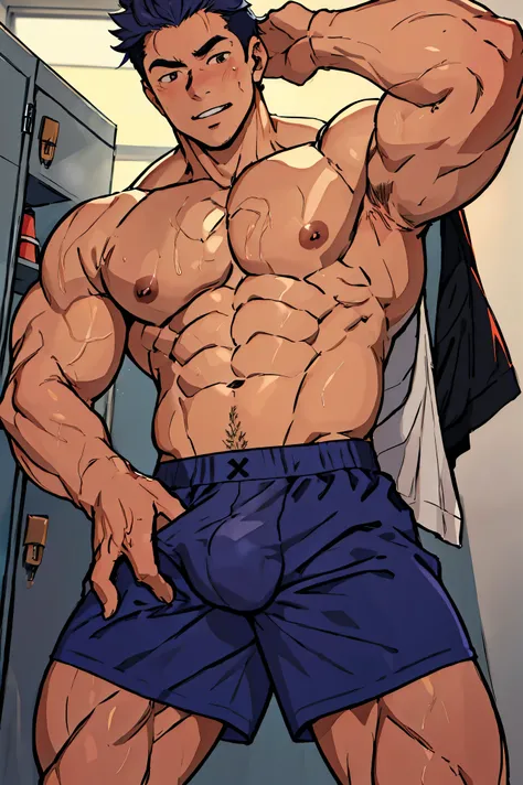 handsome man, male face, detailed face, muscular, Arataki Itto, Yuji Itadoris hair, in a locker room, just with boxer shorts, no shirt, bulge in underwear, touching the bulge under the underwear, with your hand inside your underwear 