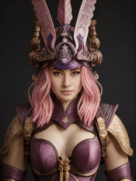 (best quality,highres:1.2), ultra-detailed, (realistic:1.37) portrait, aesthetic girl with pink hair, elegant bun, stunning sharp jawline, voluptuous round breasts, wearing samurai armor consisting of a chest plate, shoulder guards, arm guards, and leg gua...