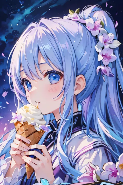 (High resolution、Super detailed、nffsw、movie)、alone、1 girl、happiness、Orchid Flower Gardenに立つ女の子、Girl around the petals、adorable smile、Eating a big ice cream、looking at the camera、Full body Esbian、long-haired girl with blue hair、Light blueの髪、look at the came...