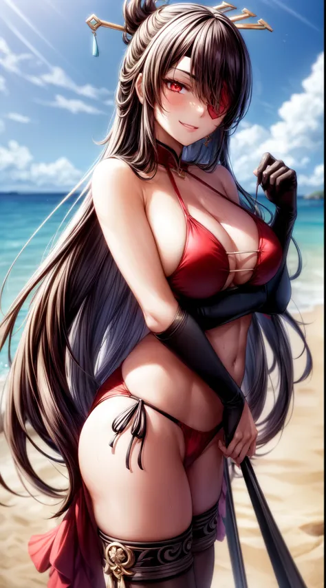 anime, beautiful face, highly detailed face, (2 accurate legs:1), red detailed eye, (eye patch:1.1), highly detailed beach background, perfect lighting, best lighting, (no shadows:1.2), 1girl, solo, outdoors, genshin impact, beidou, (beautiful black hair:1...