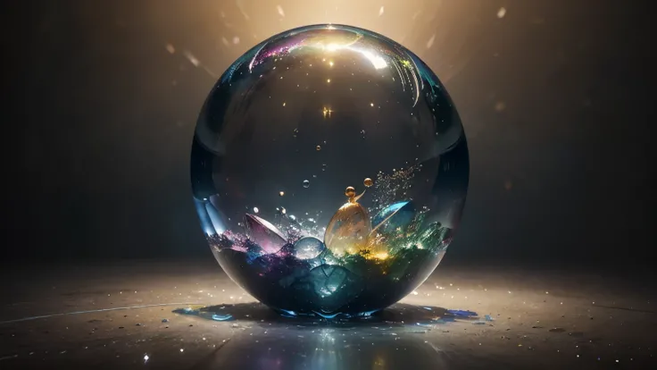 (a tiny colourful water globe),(vibrant waves flowing in the globe),(sparkling water droplets),(small and delicate structure),(detailed reflections on the surface),(highly saturated and vivid colours),(soft and diffused lighting),(crystal-clear glass mater...