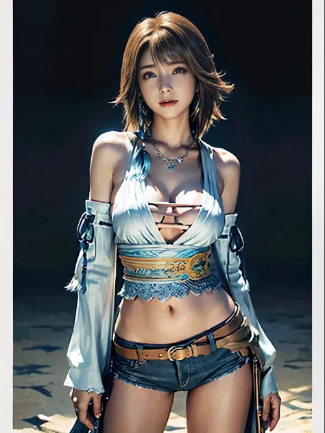 4k,1、denim bikini、table top, high resolution, super detailed), 1 female, 28 years old, final fantasy yuna x2, more mature, ((sim...