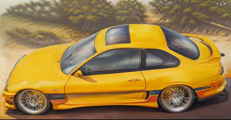 pintura de um carro amarelo com uma faixa preta na lateral, detalhe adicionado, ✏️🎨, hiper detalhado!!, inspirado em Brian Dunlop, colored pencil drawing, em uma tela amarela, hiper detalhado!!!, um color pencil drawing, hiper detalhado masterpiece, estilo...