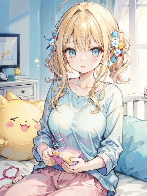 girl、Waking up、sleepy face、blonde hair tied together、sit flat on the bed、disheveled clothes、light blue and yellow pajamas、yawn、valley、tits、close up of face、