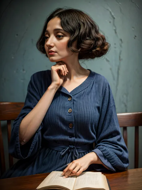 1960, massachusetts mountain village. Pre-raphaelite ((((50-year-old)) Edith Piaf), in a Paris café, wearing a dark dress, reading a book, ((((casual Clothing from the 1960s)))) ((Hairstyle of the 1960s)), ((Wes Anderson cinematic style)), colorful. 