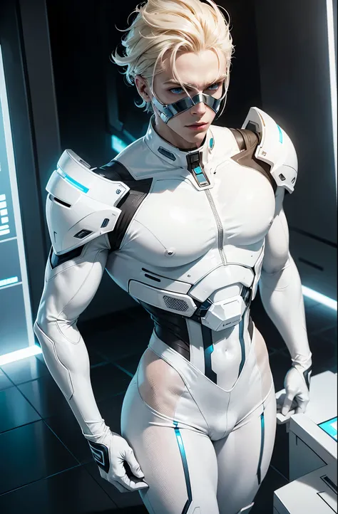 (futuristic, sci fi)Male in all white body suit, blonde hair, white gaunlets, full skin tight body suit, hands visible, hair visible, pale skin, beautiful face, masterpiece, white futuristic mouth mask, toned body,