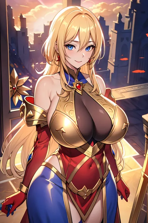 Lian, long blonde hair, hair stick,bangs,blue eyes, solo, smiling, standing, upper body, hips, bare shoulders,purple thighhighs,red dress, gold jewelry,armor,gloves,circlet, cleavage, red and gold royal castle, gigantic breasts, (best quality, masterpiece,...