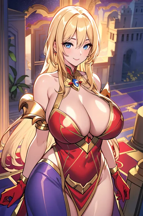 Lian, long blonde hair, hair stick,bangs,blue eyes, solo, smiling, standing, upper body, hips, bare shoulders,purple thighhighs,red dress, gold jewelry,armor,gloves,circlet, cleavage, red and gold royal castle, gigantic breasts, (best quality, masterpiece,...