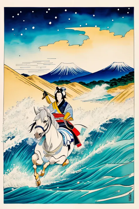 best quality, Japanese style drawing, ukiyo-e style, ink painting, watercolor art drawing, general riding white horse, luxurious Japanese kimono of white and blue with gold embroidery, samurai, topknot, motion-blur, action-lines, speed-lines, background sa...