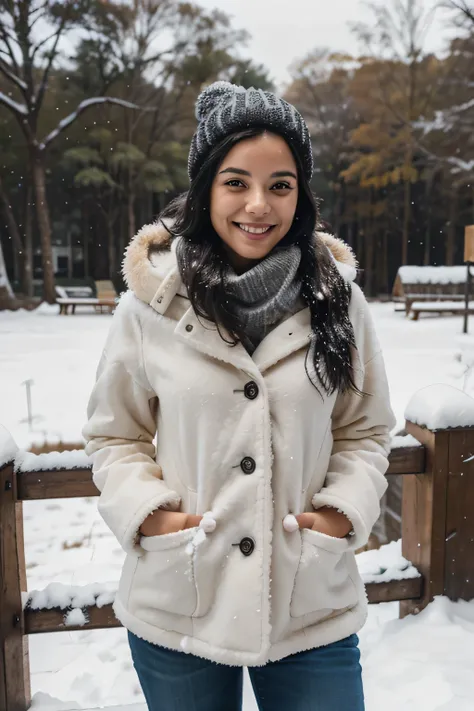 Jovem brasileira, 27 anos de idade, cabelo preto liso, lindo sorriso, visitando a neve pela primeira vez, she is wearing casual winter clothes and her expression is happiness
