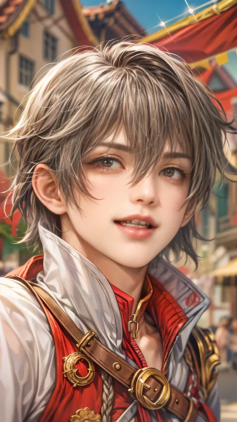 (absurdres, highres, ultra detailed, HDR), masterpiece, intricate details, best quality close-up picture of a character from Ragnarok Online, a character with handsome looks, korean face, original hair, short hair, anime  red eyes, silly face, matured teen...