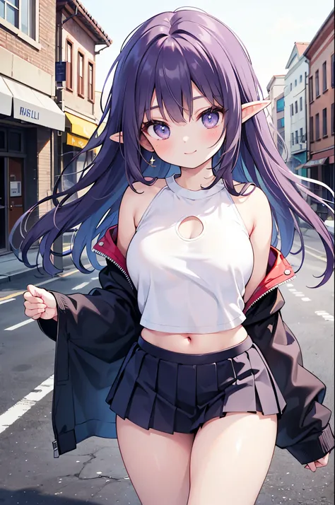 realistic image, coherent image, detailed image, 1 beautiful elf. She has purple hair, long hair. Her eyes are berry pink, with a six-pointed star in each of her eyes, long eyelashes. Her face is oval and delicate, smiling. She is wearing a long-sleeved of...