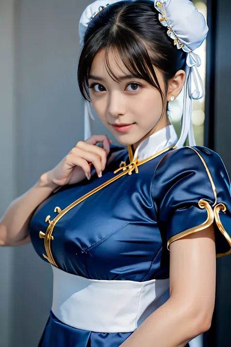 chun-li from street fight ii,perfect chun li costume,blue cheongsam with gold lines,bun head,bun cover,fighting pose,masterpiece...