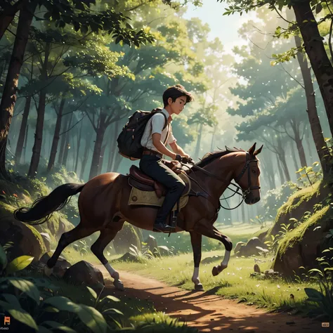 A handsome boy riding on a horse passing by a forest in the afternoon and he is watching a huge queue of ants crossing his way 