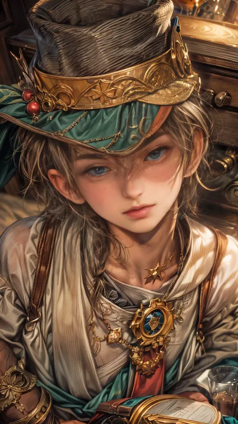 (absurdres, highres, ultra detailed, HDR), masterpiece, intricate, best quality, portrait of a handsome hero from Final Fantasy IX, short hair, korean face, anime eyes, merchant outfit detailed interiors of an rpg items shop, detailed character