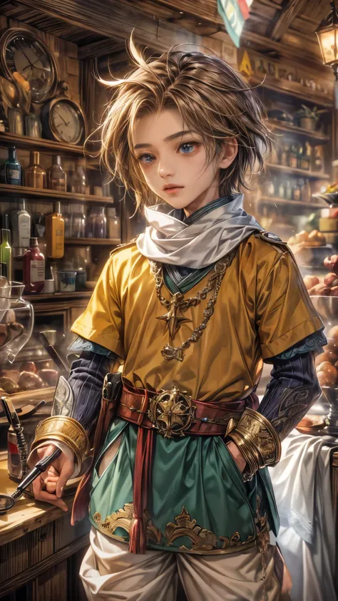 (absurdres, highres, ultra detailed, HDR), masterpiece, intricate, best quality, portrait of a handsome hero from Final Fantasy IX, short hair, korean face, anime eyes, merchant outfit detailed interiors of an rpg items shop, detailed character