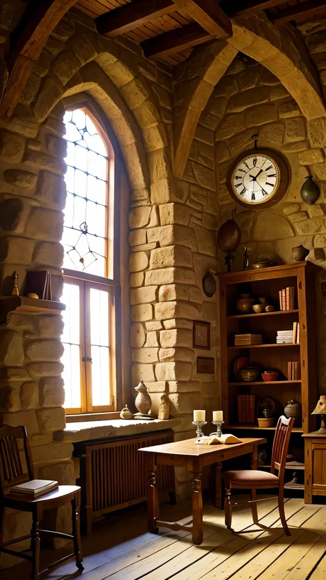 Room in medieval setting, showing window, table, crystal pan and a wall clock