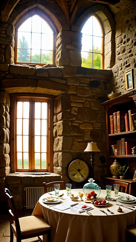 Room in medieval setting, showing window, table, crystal pan and a wall clock