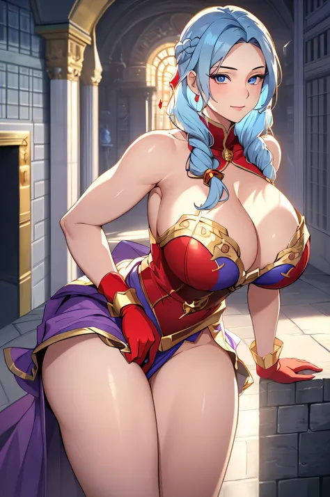 Lian, light blue hair, single hair bun, hair stick,bangs,blue eyes, solo, smiling, standing, upper body, hips, bare shoulders,purple thighhighs,red dress, gold jewelry,armor,gloves,circlet, cleavage, red and gold royal castle, gigantic breasts, (best quali...