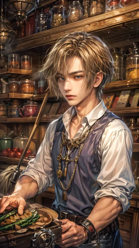 (absurdres, highres, ultra detailed, HDR), masterpiece, intricate, best quality, portrait of a handsome hero from Final Fantasy IX, short hair, korean face, anime eyes, merchant outfit detailed interiors of an rpg items shop, detailed character