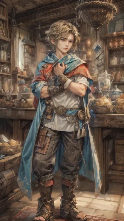 (absurdres, highres, ultra detailed, HDR), masterpiece, intricate, best quality, portrait of a handsome hero from Final Fantasy IX, short hair, korean face, anime eyes, merchant outfit detailed interiors of an rpg items shop, detailed character