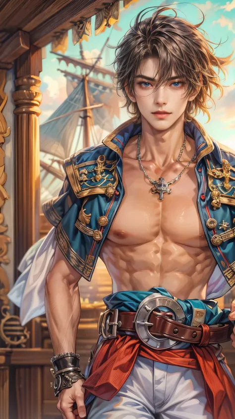 (absurdres, highres, ultra detailed, HDR), masterpiece, intricate details, best quality close-up picture of a character from suikoden, a character with handsome looks, korean face, original hair, short hair, anime blue eyes, smirking face, matured teen, pi...