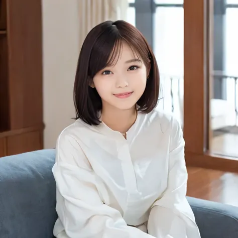 best image quality、highest quality、masterpiece、ultra high resolution、8k、immature、realistic:1.4、professional lighting、cute high school girl、baby face、very short hair、thin、Moderate size chest cup bust、smile、wearing a white tight long-sleeved T-shirt、wearing ...