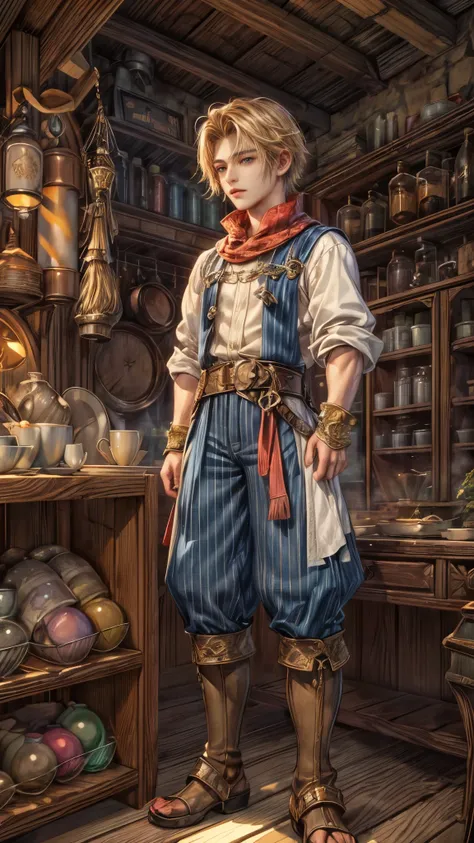 (absurdres, highres, ultra detailed, HDR), masterpiece, intricate, best quality, portrait of a handsome hero from Final Fantasy IX, short hair, korean face, anime eyes, prince outfit detailed interiors of an rpg weapon shop, showing forest in the windows ,...