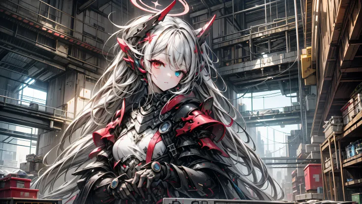 masterpiece, 8K, high quality, detailed art, hyper detailer, 1 girl, heterochromia, red right eye, blue left eye, silver hair, long straight hair,  body, small breasts, mecha musume, red and black armor, black energy halo above head, holding sword, scifi s...