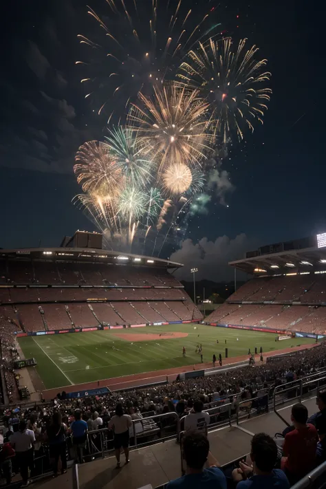 Create a digital image with maximum quality and advanced levels of detail, portraying the Morumbi stadium during an exciting game day, where crowds of fans fill the stands with enthusiasm. In the sky, the Esquadrilha da Fumaça puts on an impressive display...