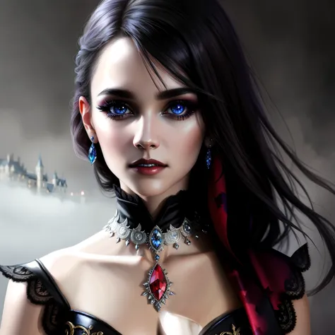 beautiful vampire girl, colours splashed eyes, color accents, town, concept art, digital painting, ethereal, epic, 32k, intricate details, sharp focus, detailed face, delicate face, Perfect face, detailed large reflective eyes, by DKCW, smooth reflective l...