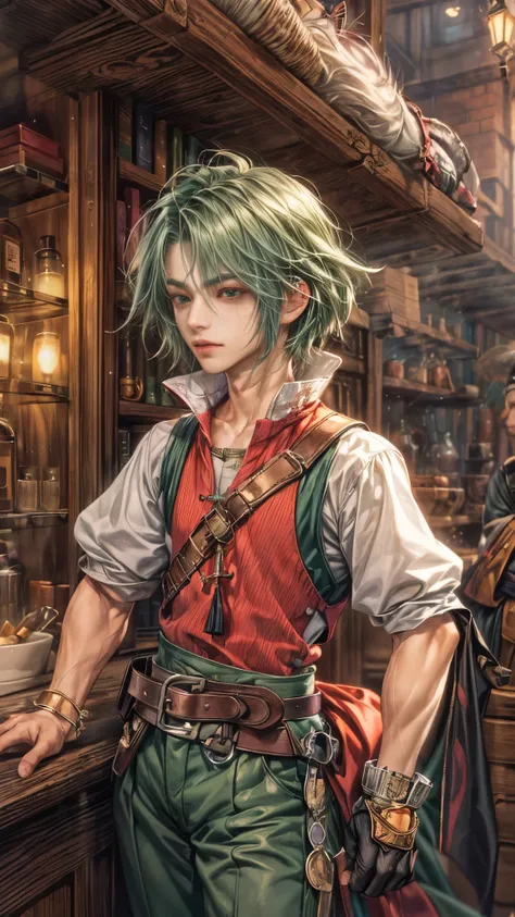 (absurdres, highres, ultra detailed, HDR), masterpiece, intricate, best quality, portrait of a handsome hero from Final Fantasy IX, green hair, short hair, korean face, anime eyes, prince outfit detailed interiors of an rpg weapon shop, showing forest in t...