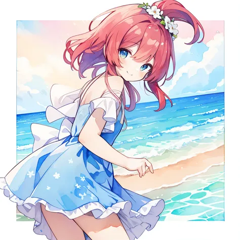 pastel watercolor、redhead, 1 girl, 、summer👗、summer wreath background、white, high ponytail、platform sneakers、smile、up from the si...