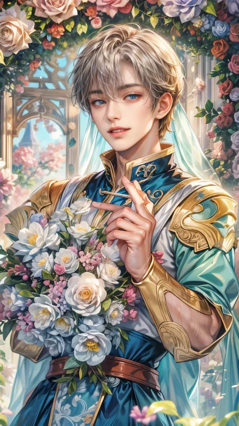 (absurdres, highres, ultra detailed, HDR), masterpiece, intricate details, best quality close-up picture of a character from suikoden, a character with handsome looks, korean face, original hair, short hair, anime blue eyes, smirking face, matured teen, ro...