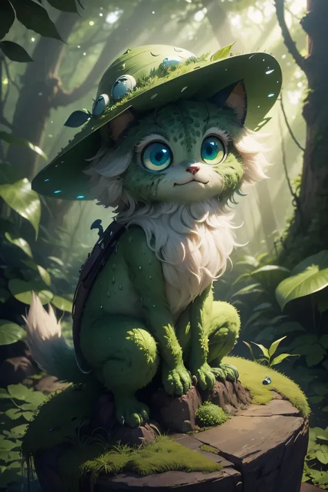 Large an extremely adorable big eyed horrifying creature with wild scruffy hair, The creature is sitting on a rock among green leaves. It has big, blue eyes that seem to be curious about something. The leaf hat is wet and has water droplets falling from it...