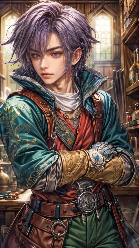 (absurdres, highres, ultra detailed, HDR), masterpiece, intricate, best quality, portrait of a handsome hero from Final Fantasy IX, purple hair, short hair, korean face, anime eyes, prince outfit detailed interiors of an rpg weapon shop, showing forest in ...