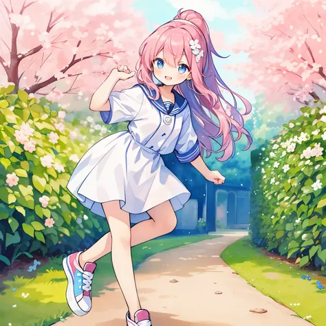 Pastel Watercolor、redhead, 1 girl, 、spring knit👗、spring wreath background、white, high ponytail、platform sneakers、Running with a smile、Up from the side