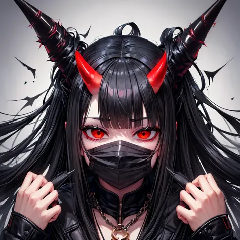 (Girl), (((Black  demon horn))), (((sadistic face))), (((Bangs covering eyes))), ((demon eyes)) ((mask on her face))