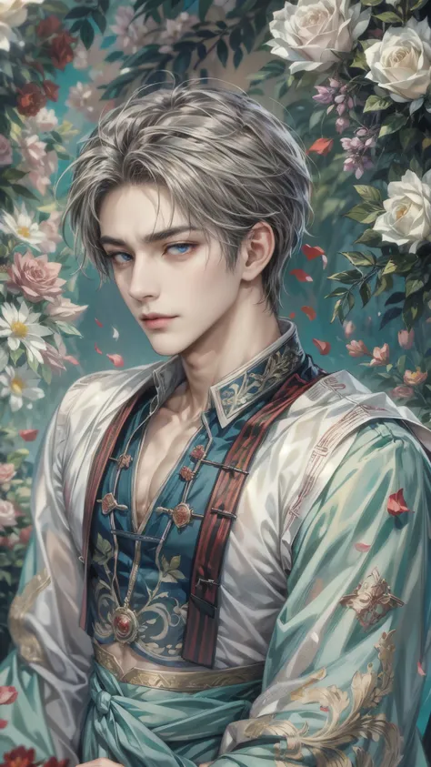 (absurdres, highres, ultra detailed, HDR), masterpiece, intricate details, best quality close-up picture of a character from suikoden, a character with handsome looks, korean face, original hair, short hair, anime blue eyes, smirking face, matured teen, ti...