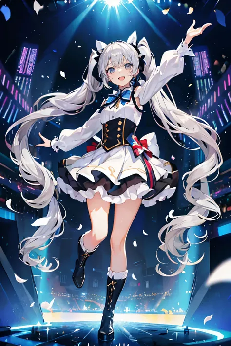 (muste piece), (best quality), very detailed, ((1 girl)), solo full body shot，Viewer&#39;s perspective，dynamic，jump，(smile)，wink，perfect face, beautiful face, very detailedな顔，((silver hair_curly twintail long hair_silver eyes:1.3))，Gorgeous idol costumes，r...