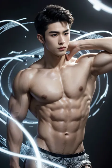 Mind control, hypnotic spiral, (masterpiece, ultra quality, high resolution, 8k, intricate: 1.2), (detailed face:1.2), handsome, Young Korean man, white skin, double eyelids, detailed skin, 1boy, ((realistic)), abs, good lighting quality, muscle veins, ((p...