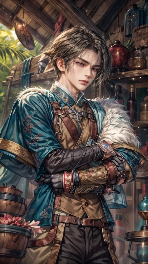 (absurdres, highres, ultra detailed, HDR), masterpiece, intricate, best quality, portrait of a handsome villain from Final Fantasy IX, sapphire hair, short hair, korean face, anime eyes, prince outfit detailed interiors of an rpg weapon shop, showing fores...